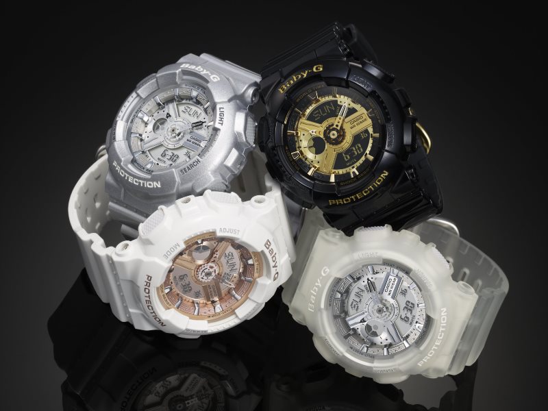 The Baby-G BA110 watch series in black-gold, white-rose gold, platinum and translucent-silver.