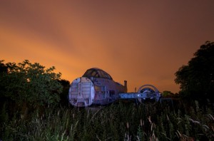 The night image of this airplane boneyard in central England evokes a post-World War III scene