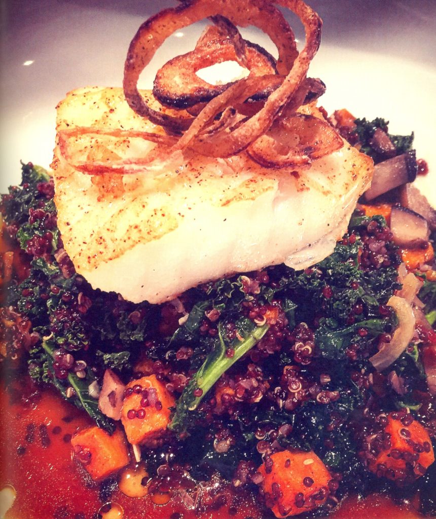 oasted Sea Bass and Mushroom Broth with Quinoa, Sweet Potatoes and Kale